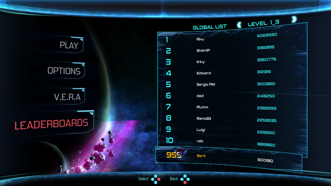 Screenshot: Dimension Drive online leaderboards of Level 1_3, showing Berti at 959th place with a score of 600 180